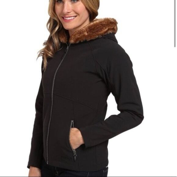Marmot Furlong soft shell black zip faux fur lined hood large women’s coat - Picture 1 of 9
